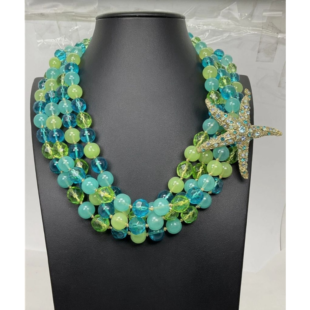 Vintage St Thomas Blue Green Starfish Beaded Statement Necklace 18-20 Euc 180$
